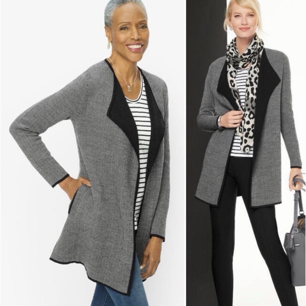TALBOTS Black Chevron Open Drape Front Sweater Coat Merino Wool Pockets Size XSP